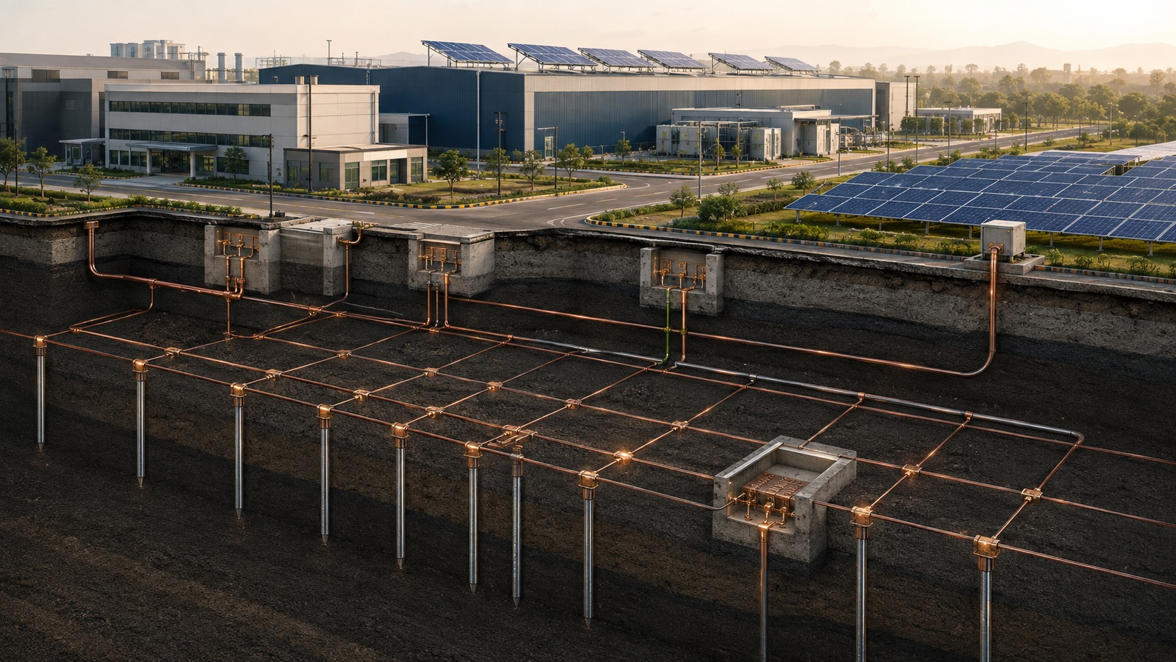 Conceptual cutaway of a coordinated earthing network beneath an industrial solar campus
