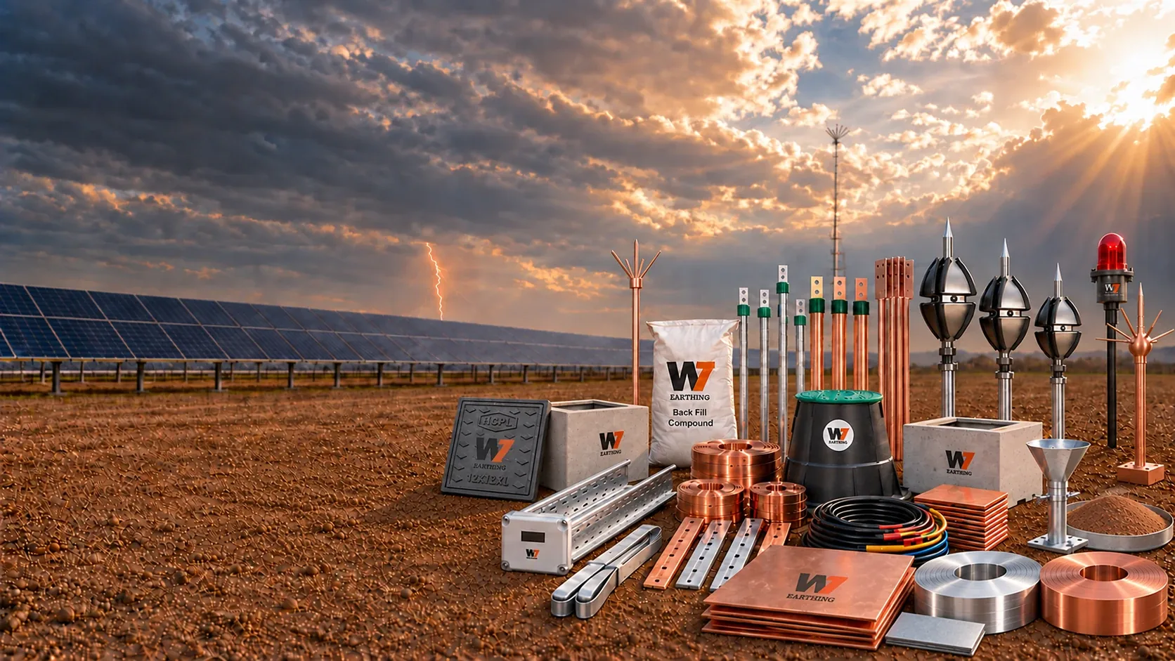 CoreWE7 product range with earthing electrodes, copper and GI strip coils, plates, pit covers, backfill compound and lightning-protection products at a solar installation