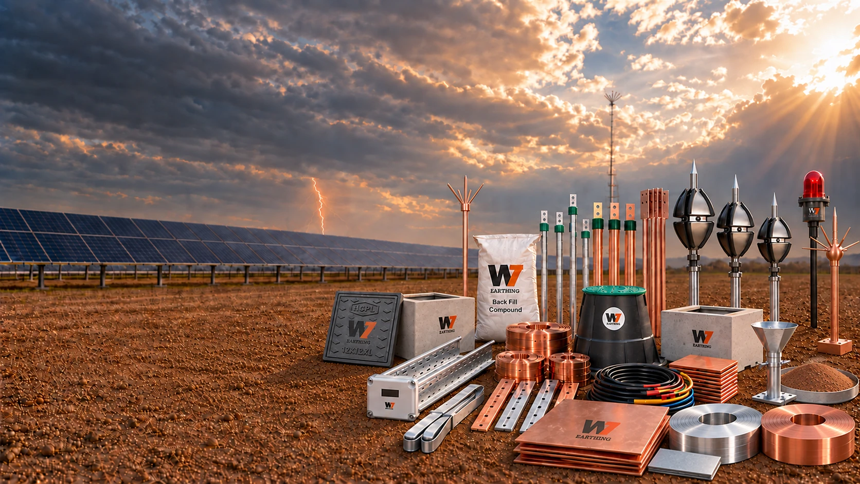 CoreWE7 product range with earthing electrodes, copper and GI strip coils, plates, pit covers, backfill compound and lightning-protection products at a solar installation