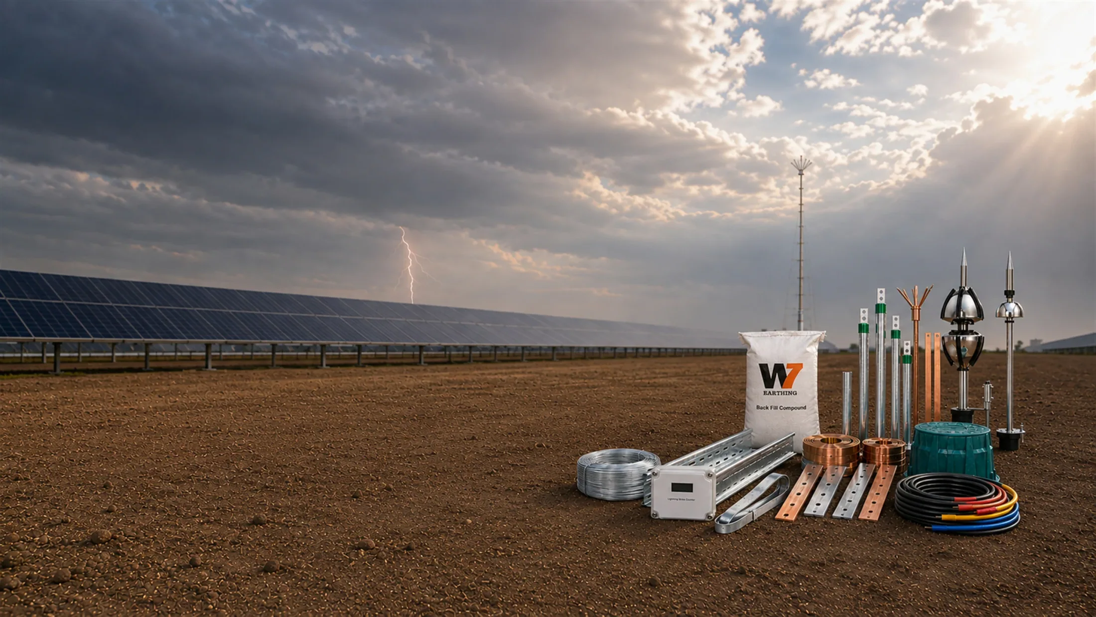 WE7 earthing electrodes, conductors, pit cover, backfill compound and lightning-protection products at a solar installation